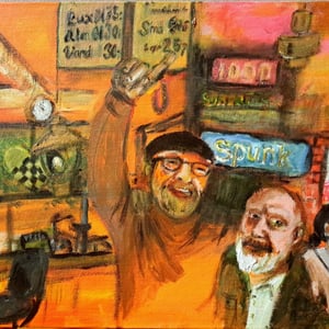 2 venner på Spunkbar, 30x40, malerplade akryl – produktbillede