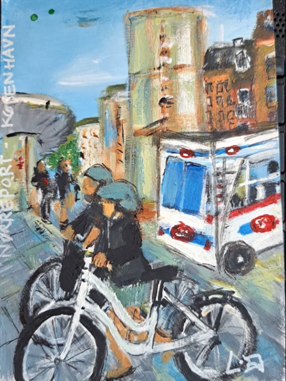 Nørreport pølle, maleri, postkort, 10x14,5