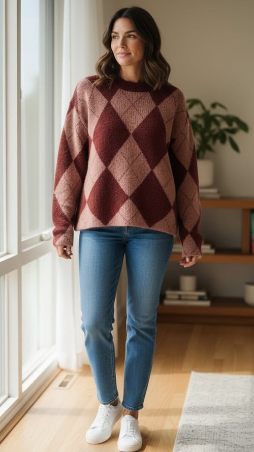 Lia knit blouse , Wine red w harlekin mønster. Onesize str. 36-44. (2)