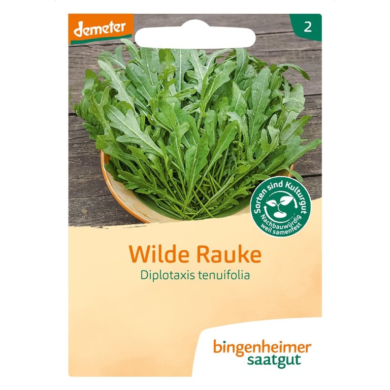 Frøpose med billedet af frisk vilde rucola (Diplotaxis tenuifolia) og tekst på tysk, udgivet af Bingenheimer Saatgut.