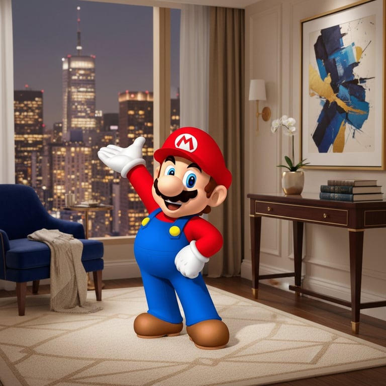 Mario fra videospillet, der poserer i et moderne, elegant værelse med stor vinduesudsigt til en by om natten.