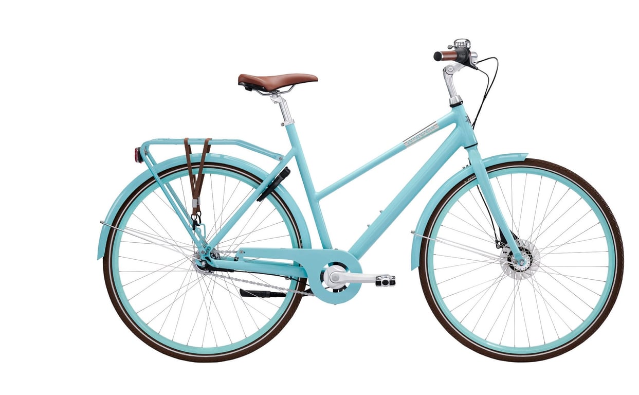 Billede af en lyseblå citybike med brun sadel og håndtag, bagagebærer samt skærme.