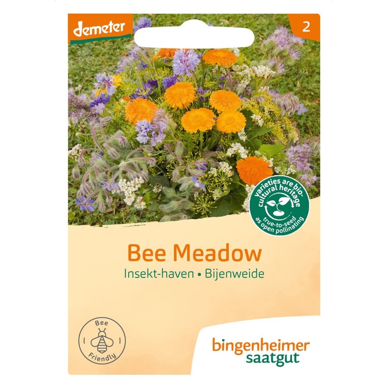 Frøpose til "Bee Meadow" insekt-have med billede af farverige blomster, mærket demeter og logoer for bi-venlig og biodynamisk såsæt.
