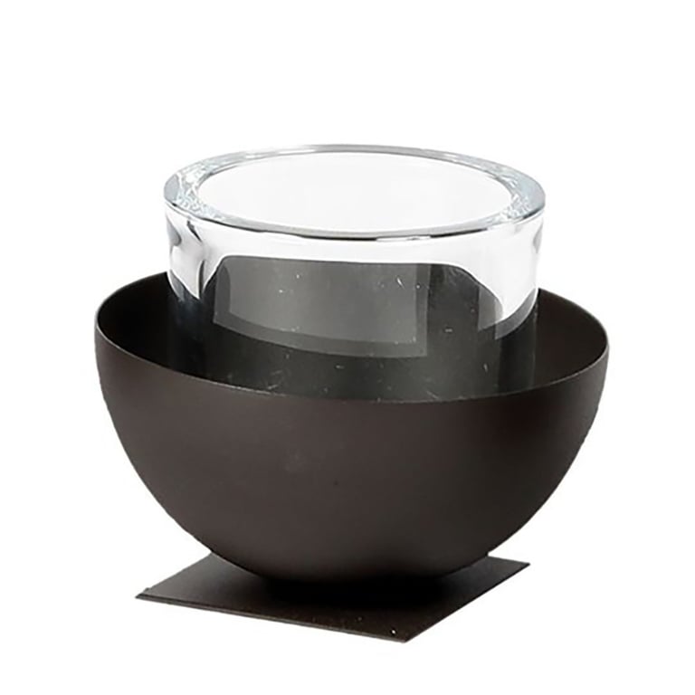 Sort metalunderkop med rundt, sort metalbæger, der holder et klart, rundt glasindlæg.