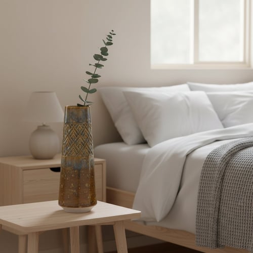 Vase med eucalyptusgren på lille træbord ved siden af seng med hvide lagner og gråt tæppe i lyst, minimalistisk soveværelse. (1)