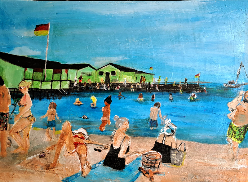 Store badedag, Amagerstrand, Akrylmaleri 64x85