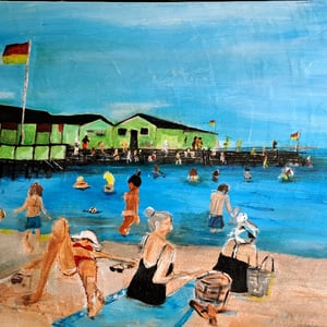Store badedag, Amagerstrand, Akrylmaleri 64x85 – produktbillede