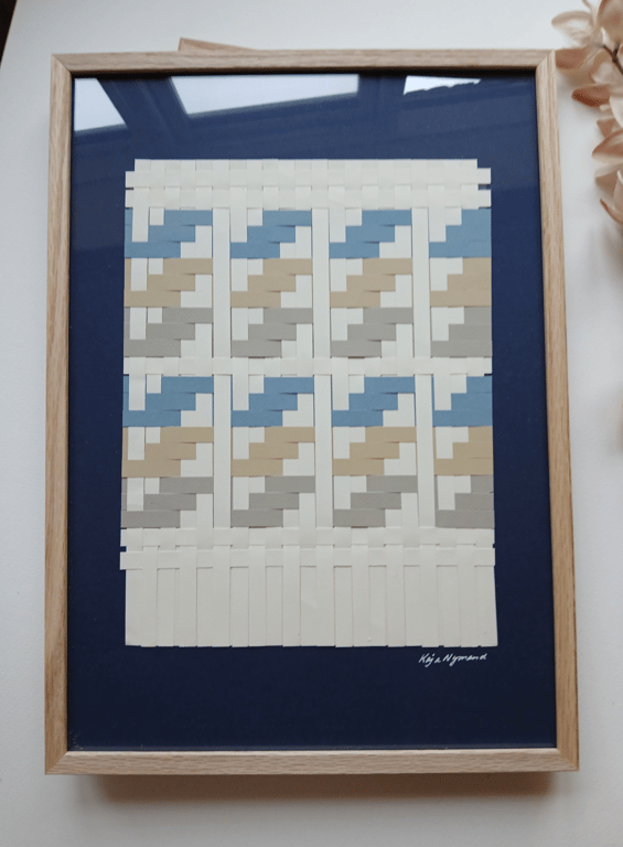 A3 papirværk, beige, grå, blå, indrammet  billede 3