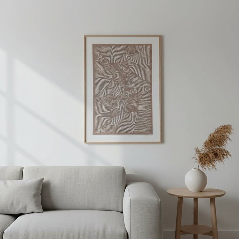 Stue med lysegrå sofa, abstrakt vægkunst i træramme og rundt træbord med hvid vase med tørrede græsstrå.