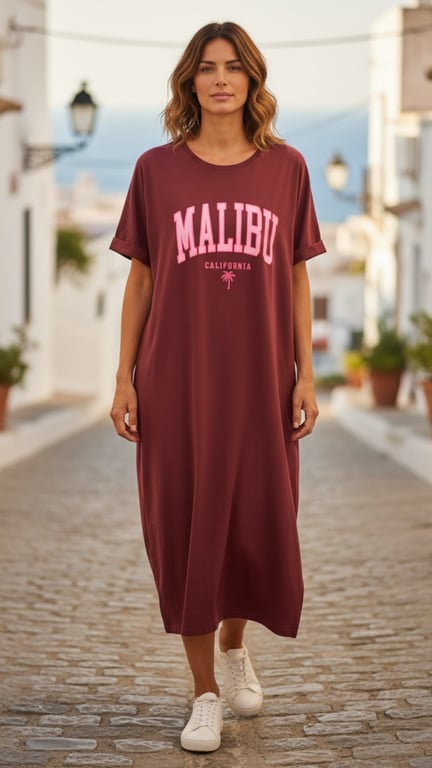 Kvinde iført lang, bordeaux rød kjole med teksten "MALIBU CALIFORNIA" i lyserødt gående på brostensbelagt gade.