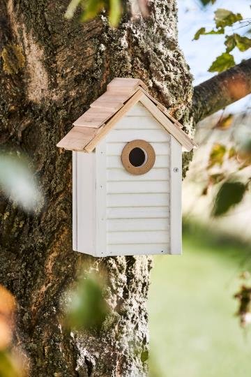 Fuglehus i træ med beige tag monteret på en træstamme udendørs.