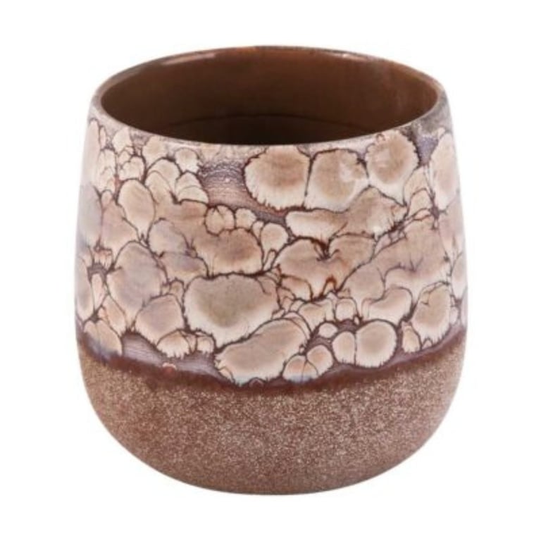 Keramisk krukke med brun og beige glasur og et mønster, der ligner blomster eller skyer.