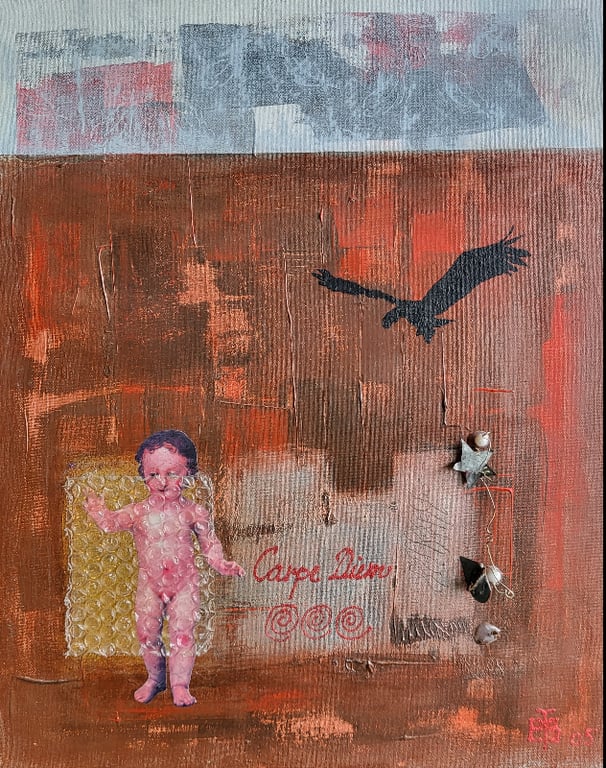 Collagemaleri - akryl på lærred 40 x 50 cm indrammet i sølvramme