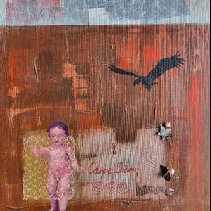 Collagemaleri - akryl på lærred 40 x 50 cm indrammet i sølvramme – produktbillede