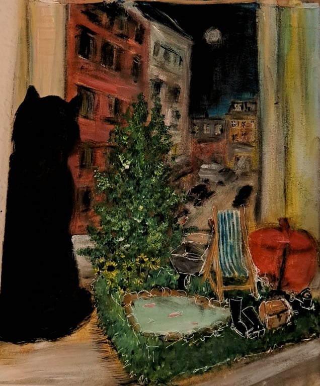 King og miniature have i mit vindue, 40×50 akryl maleri 