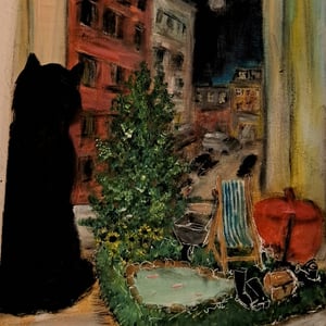 King og miniature have i mit vindue, 40×50 akryl maleri  – produktbillede