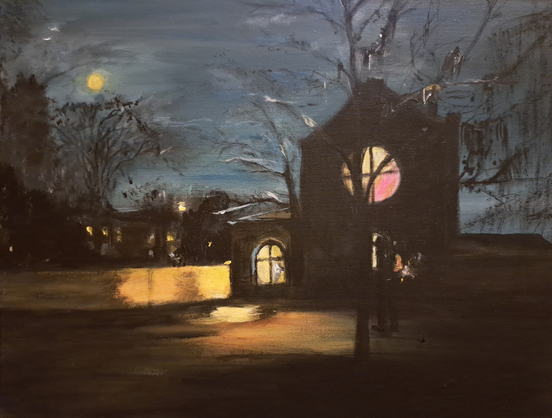 Kirken på Assistenten, en smuk vinter nat, 50×40 akrylmaleri