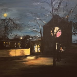 Kirken på Assistenten, en smuk vinter nat, 50×40 akrylmaleri – produktbillede