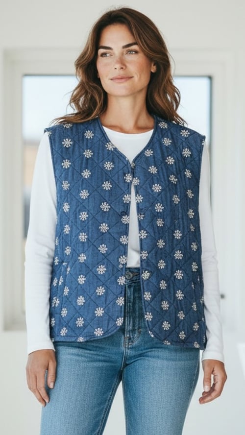 Kvinde iført blå quiltet vest med blomsterbroderi over hvid langærmet top og blå jeans, stående foran vindue. (1)
