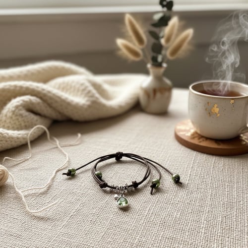 Håndlavet armbånd med grønne perler på beige tekstil med strikket trøje, vase med tørrede blomster og dampende kop te i baggrunden. (1)