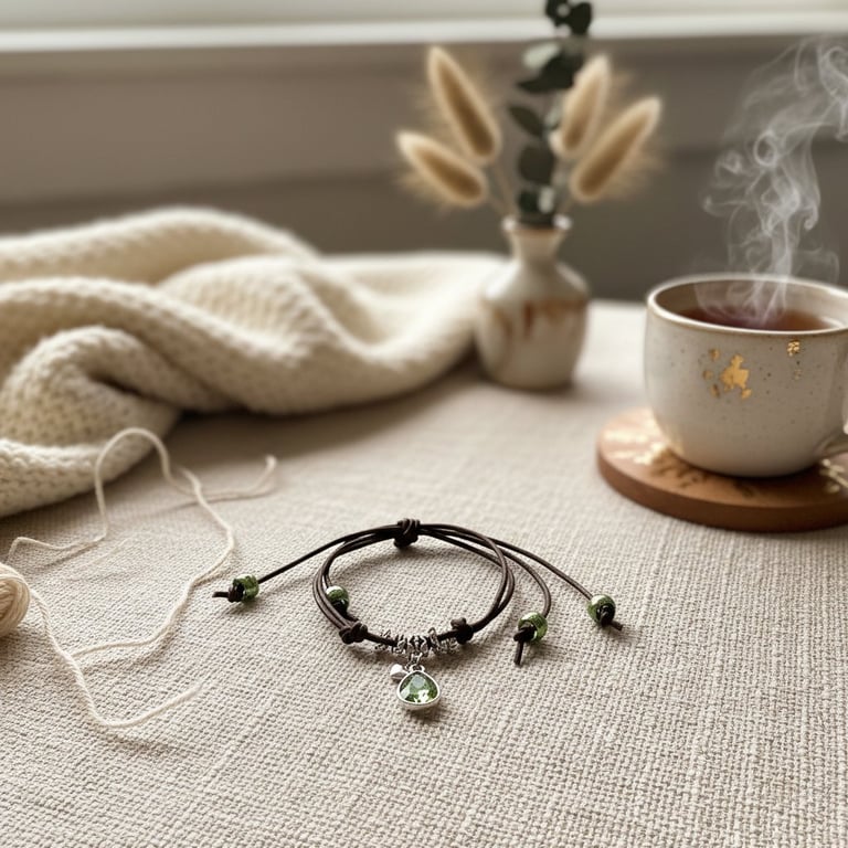 Håndlavet armbånd med grønne perler på beige tekstil med strikket trøje, vase med tørrede blomster og dampende kop te i baggrunden.