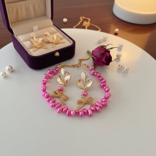 Smykker med guldblade og sløjfer, herunder øreringe og armbånd med pink perler, placeret på hvid tallerken ved siden af en lilla smykkeæske, en tørret lilla rose og spredte hvide perler. (1)