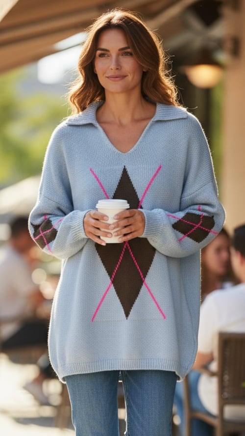Nadia knit blouse, Light blue w grafic. Onesize 38-48. (2)