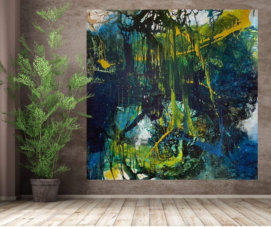 MALERI Stort maleri i grønne - blålige farver. Eventyrlig med dybe og dejlig inspiration til fantasien billede 4