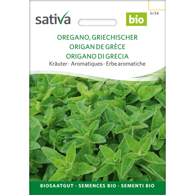 Pose med økologiske græsk oregano-frø fra mærket Sativa, med billede af friske grønne oregano planter.