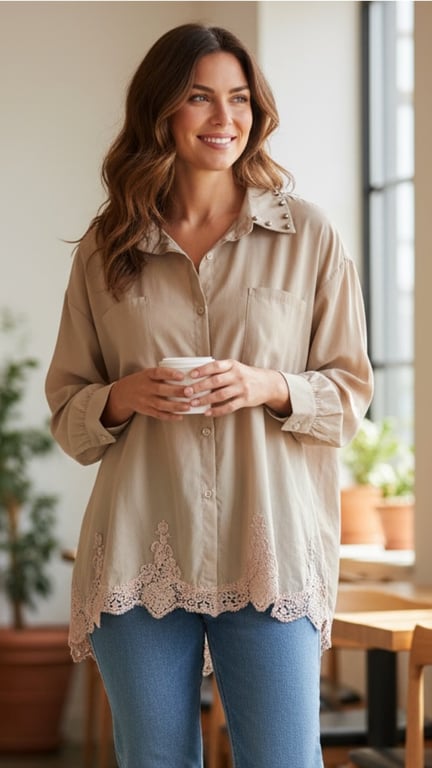 Kvinde med langt brunt hår iført beige bluse med blondedetaljer og blå jeans, står indendørs og holder en kop, smilende og kigger til siden.