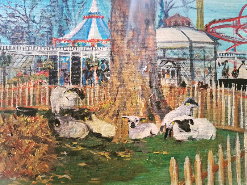 Får år i luften, tivoli(min arbejdsplads)40x30 akryl. 