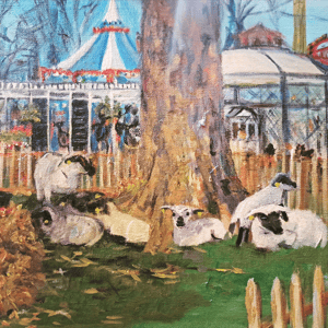 Får år i luften, tivoli(min arbejdsplads)40x30 akryl.  – produktbillede