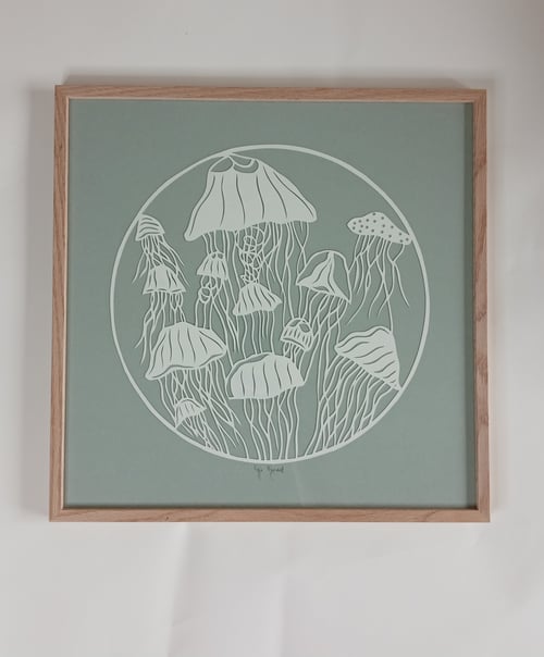 40x40cm,  "hav af gopler", gråblå, indrammet (4)