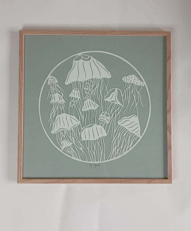 40x40cm,  "hav af gopler", gråblå, indrammet (4)