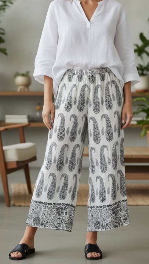 Kvinde iført hvid, løs bluse og hvide bukser med sort paisley-mønster, stående i en moderne stue. (1)