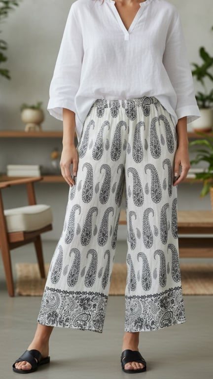 Kvinde iført hvid, løs bluse og hvide bukser med sort paisley-mønster, stående i en moderne stue.