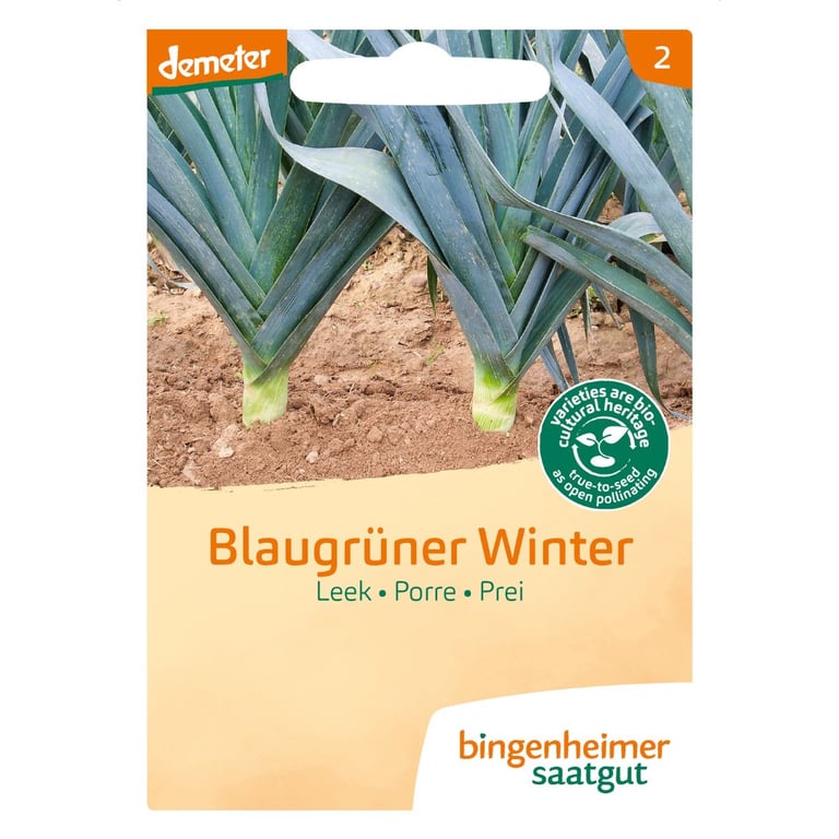 Frøpakke med billede af porrer, mærket "Blaugrüner Winter" fra bingenheimer saatgut.