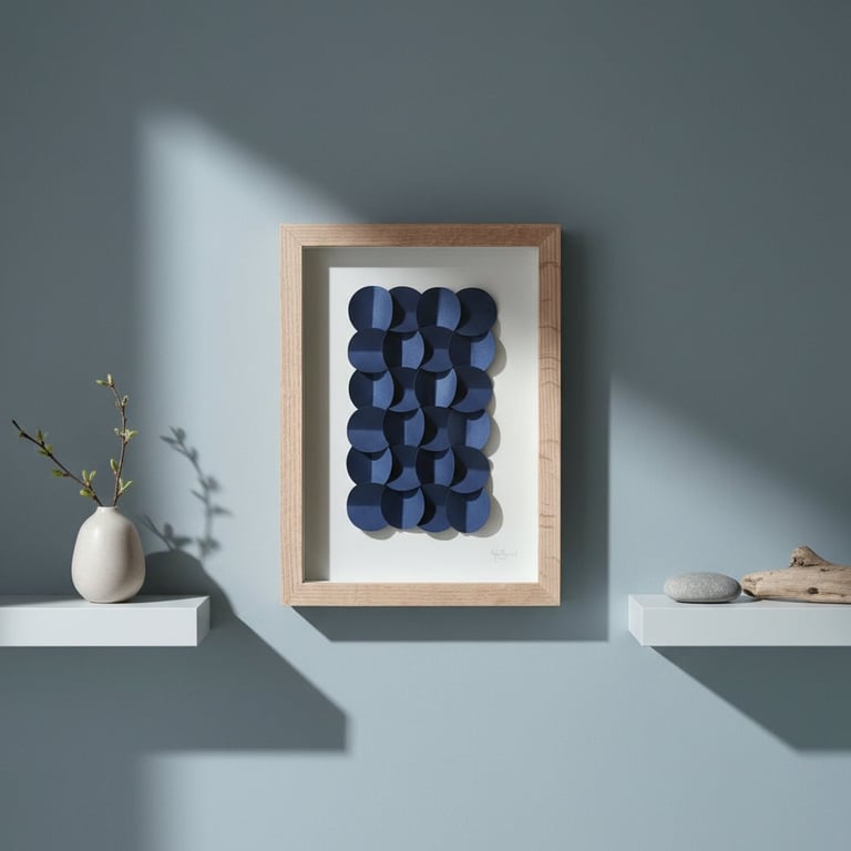 Væg med to hvide hylder; til venstre en lille vase med grene, til højre en sten og et stykke drivtømmer. I midten en ramme med abstrakt mørkeblå cirkulær skulptur på hvid baggrund.