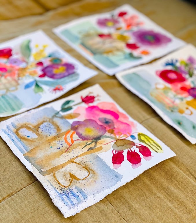 Vilde blomster i okker  - original akvarel (6)