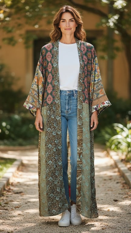 Kvinde iført lang, mønstret kimono, hvid t-shirt, blå jeans og hvide sneakers stående på en udendørs sti med træer i baggrunden.