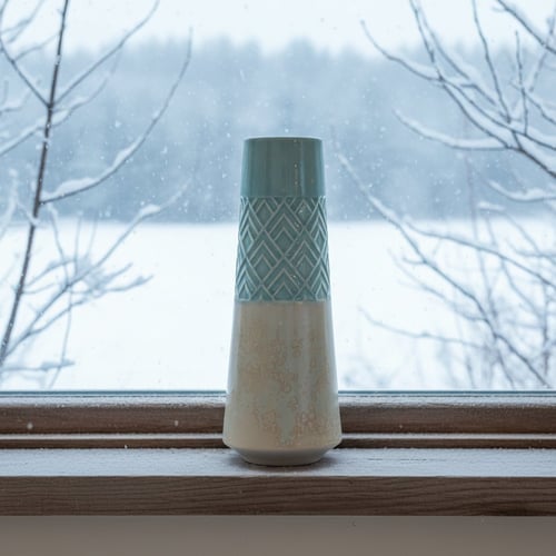 En keramisk vase med blå og hvide mønstre står på en vindueskarm med sne udenfor og snefnug, der falder. (1)