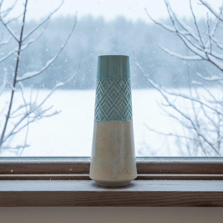 En keramisk vase med blå og hvide mønstre står på en vindueskarm med sne udenfor og snefnug, der falder.