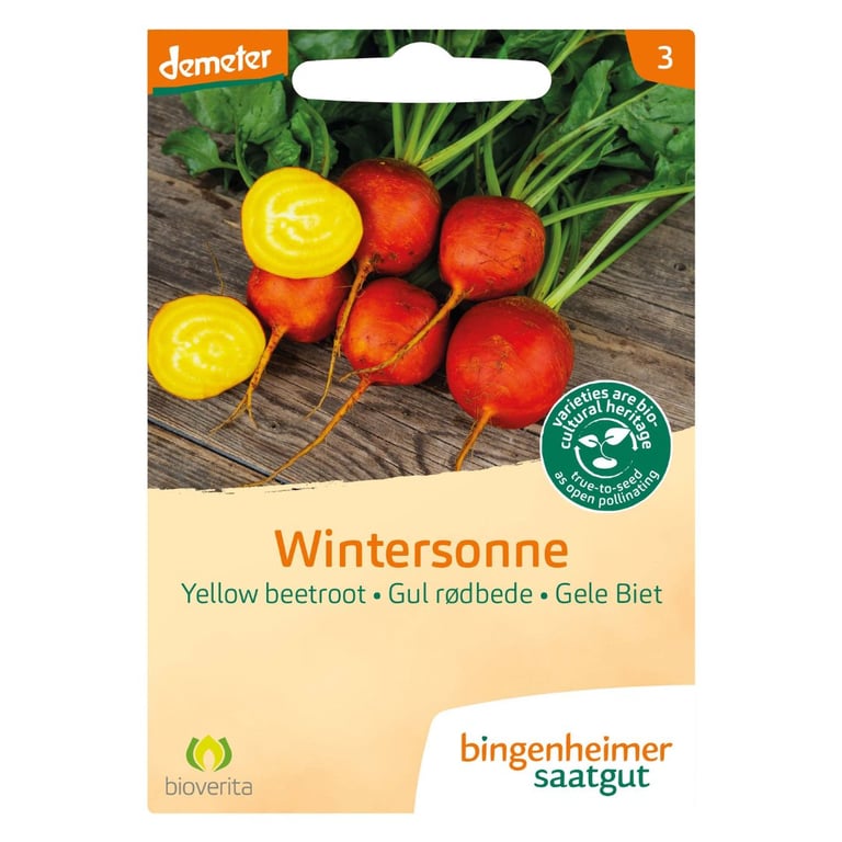 Frøpakke med økologiske gule rødbeder 'Wintersonne' fra Bingenheimer Saatgut med billede af rødbeder på et træbord.