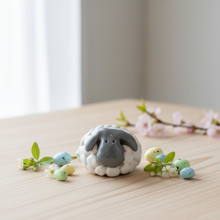 En keramisk påskelamfigur med gråt ansigt omgivet af farvede påskeæg og små blomster på et lyst træbord.