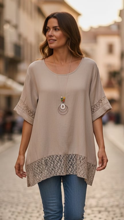 Veronika blouse, Beige w blonde detaljer. Onesize 38-48.