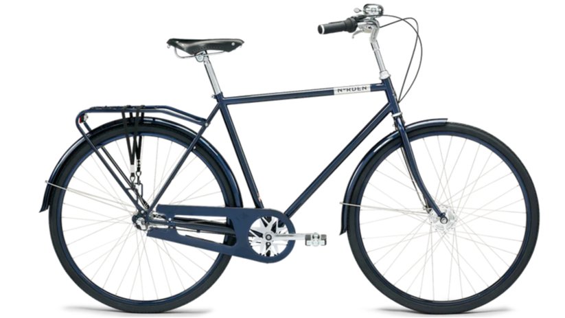 Billede af en klassisk mørkeblå herrecykel med lavt stel, skærme foran og bagpå, bagagebærer, kædeskærm og sort sadel.
