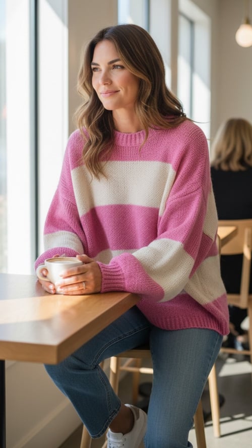 Kvinde iført stribet pink og hvid sweater sidder ved et vindue i en café og holder en kop kaffe. (1)