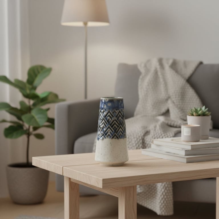 Stue med grå sofa dækket af en strikket plaid, et lyst træ sofabord med en keramisk vase, en lille sukkulent, lyskilde og vækstplante i baggrunden.