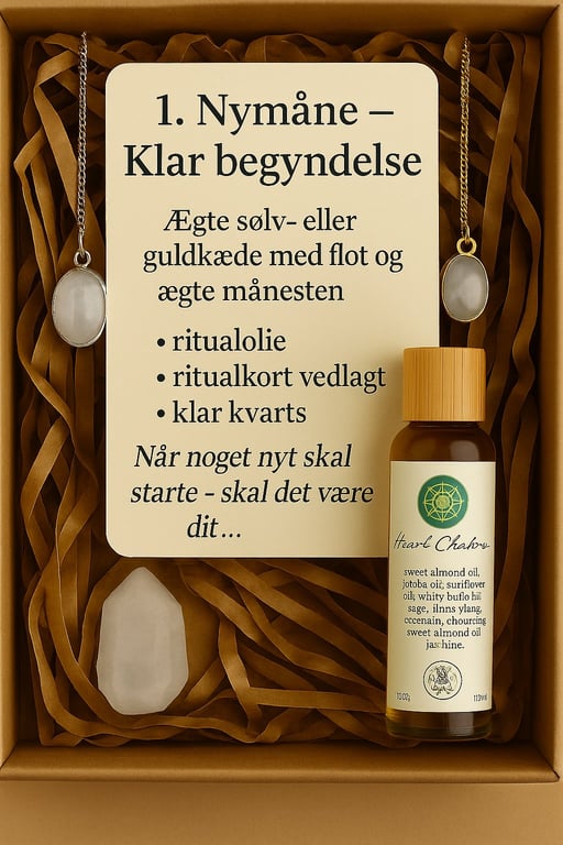 Gaveæske med kort, to halskæder med månesten, en klar kvarts og en flaske ritualolie. Kortet beskriver temaet "Nymåne – Klar begyndelse" og produktets indhold. (2)