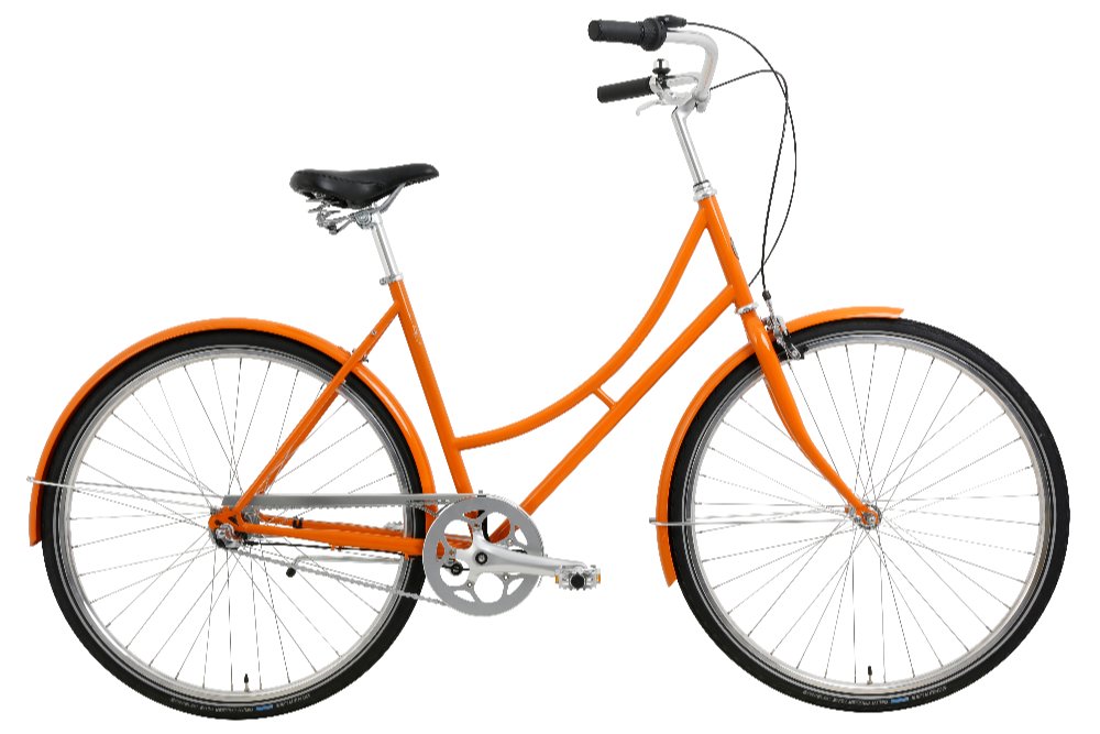 Orange damescykel med lav indstigning, sort saddel og skærme over hjulene.